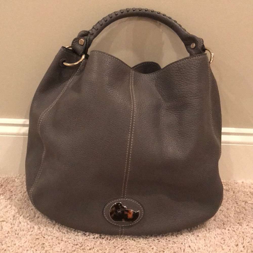 Gray leather shoulder bag